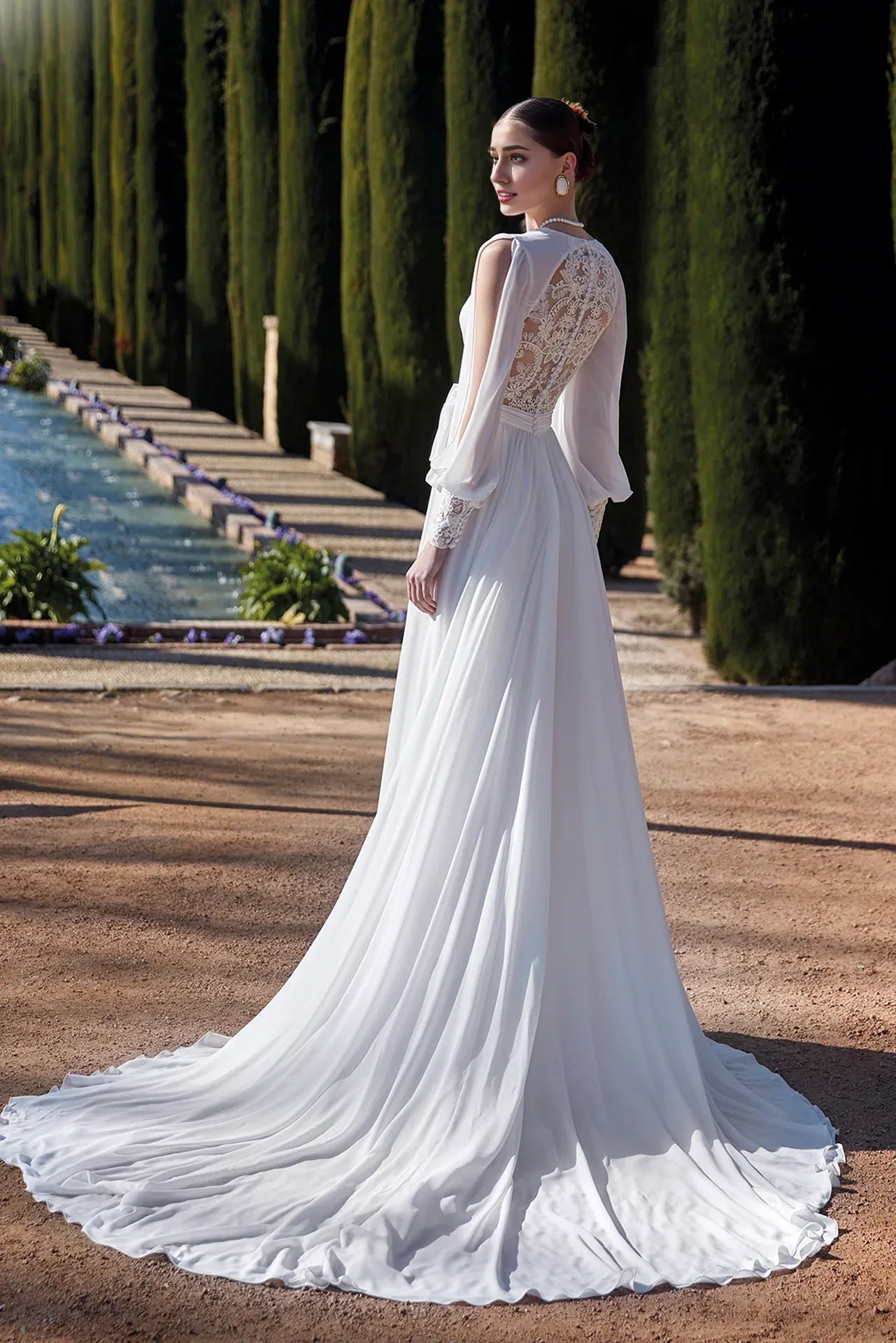 Dress For Wedding Long Loose Sleeved V Neck A-line Sheer Back With Front Slit And Sweep Train Wedding Dress Formal Women's Dresses